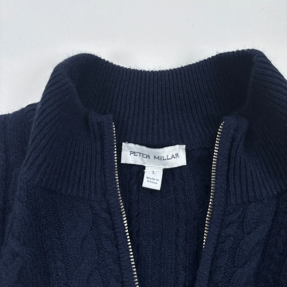 Peter Millar Mens Sweater L Blue Wool Yak Cashmere Crescent Ridge Cable 1/4 Zip